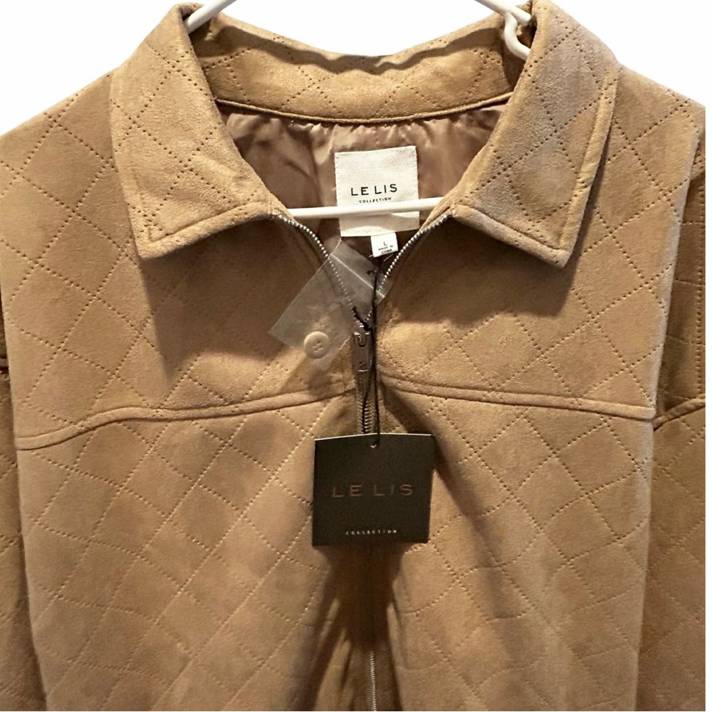 LE LIS Diamond Quilted Suede Front Zipper Collared Jacket - Picture 7 of 7